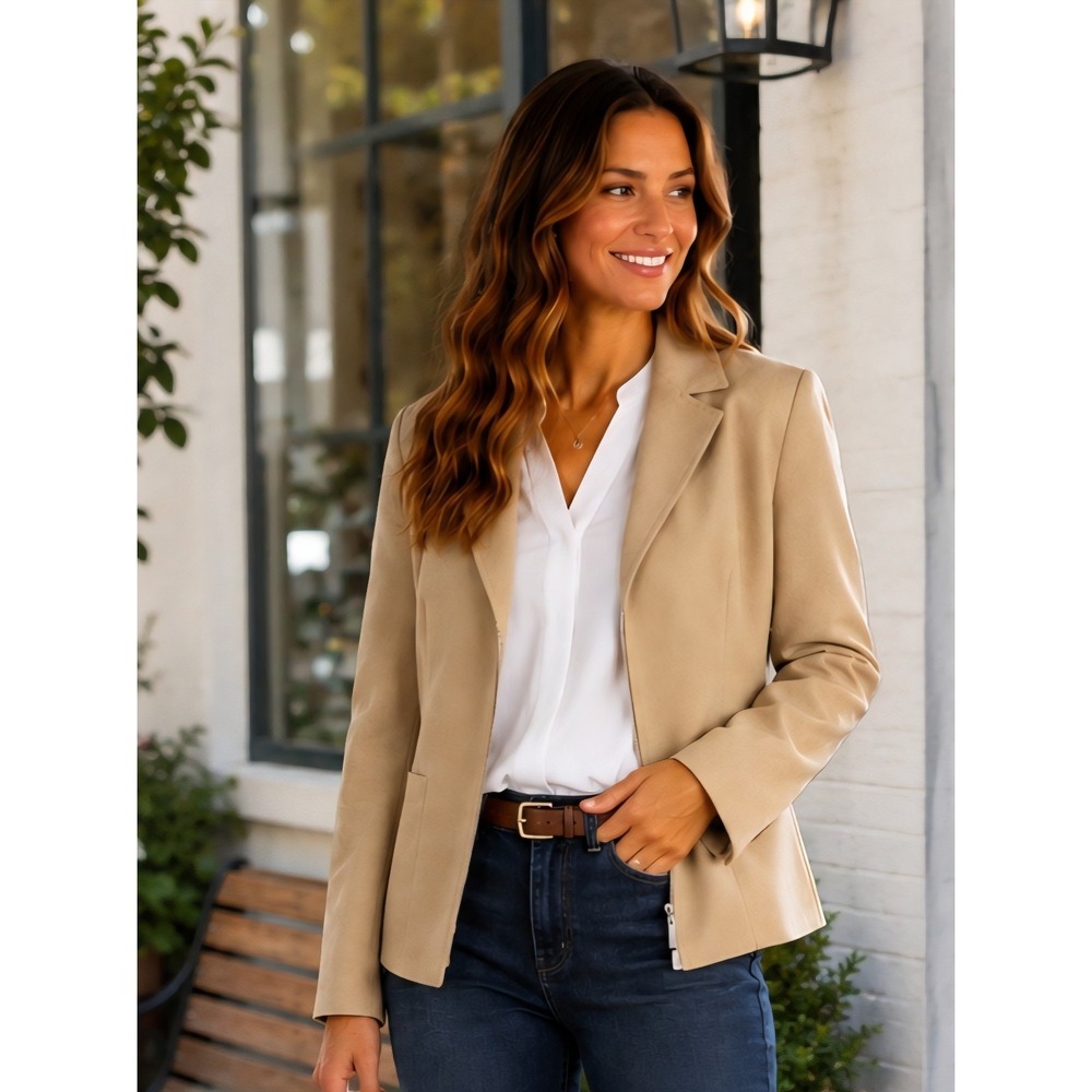 Evan Picone Womens 10 Camel Tan Faux Suede Blazer Jacket Zip Front Career Y2K